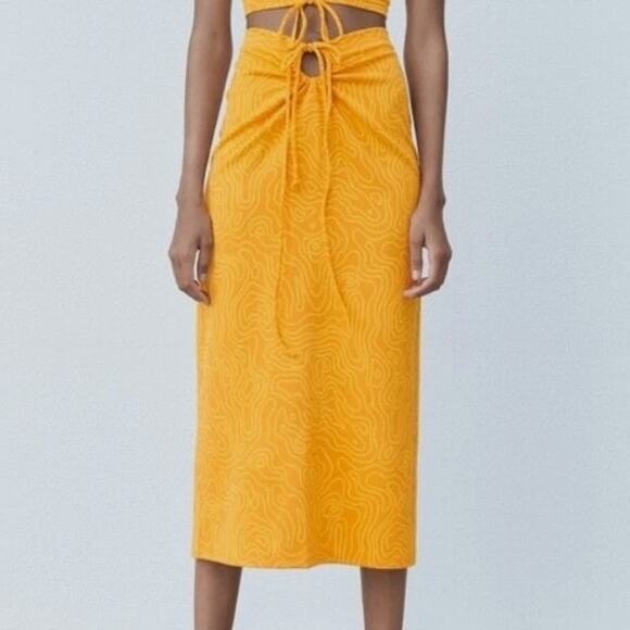Zara Orange Yellow Funky Hippie Tie Knit Midi Skirt Large Resortwear Vacation - Picture 1 of 8